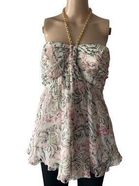 Vintage Y2K Express Gold Chain Floral Flowy Silk Blouse